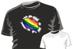 RIPPED TORN METAL Design With LGBT Gay Pride Rainbow Flag Motif mens or ladyfit t-shirt