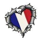 Ripped Torn Metal Heart Carbon Fibre with France French Flag Motif External Car Sticker 105x100mm