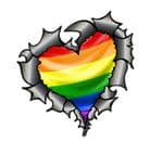 Ripped Torn Metal Heart Carbon Fibre with LGBT Gay Pride Flag Motif External Car Sticker 105x100mm
