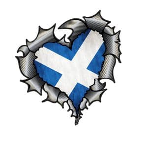 Ripped Torn Metal Heart Carbon Fibre with Scotland Scottish Flag External Car Sticker 105x100mm