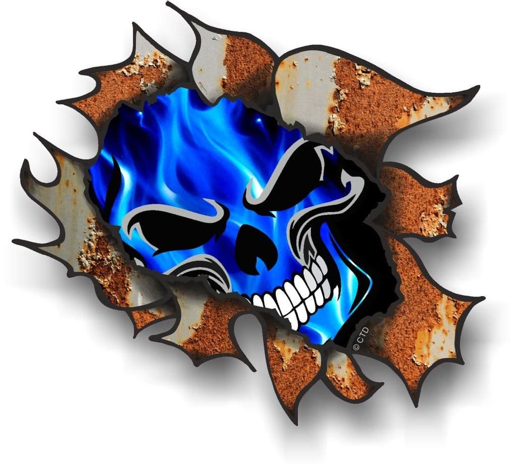 CLASSIC Ripped Open Torn Metal Gothic Skull & Electric Blue Flames car sticker