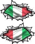 Small handed Oval Ripped Pair Metal Design With Italy Italian Flag Vinyl Car Sticker 85x50mm Each
