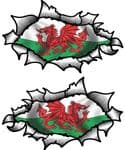 Small handed Oval Ripped Pair Metal Design With Wales Welsh Flag Vinyl Car Sticker 85x50mm Each