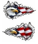 SMALL Long Pair Ripped Metal Design With American Bald Eagle & US Flag Vinyl Car Sticker 73x41mm