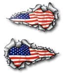 SMALL Long Pair Ripped Metal Design With American Stars & Stripes Flag Car Sticker 73x41mm each