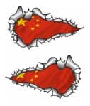 SMALL Long Pair Ripped Metal Design With China Chinese Flag Vinyl Car Sticker 73x41mm
