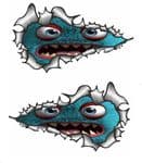 SMALL Long Pair Ripped Metal Design With Cute Funny Blue Monster Motif Vinyl Car Sticker 73x41mm