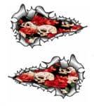 SMALL Long Pair Ripped Metal Design With Tattoo Style Skull & Roses Motif Vinyl Car Sticker 73x41mm