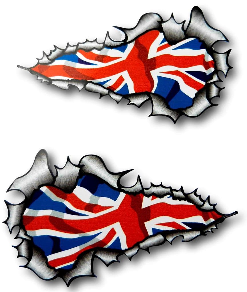 Small Long Pair Ripped Metal Design With Union Jack British Flag Vinyl Car Sticker 73x41mm