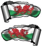 Small Pair Ripped Torn Metal Gash Design & Welsh Wales CYMRU Flag Vinyl Car Sticker 93x50mm each