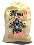 X-Large Cotton Drawcord Christmas Santa Sack With Funny Merry Christmas Biker Cafe Racer Motif
