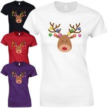 Christmas Baubles Rudolph Reindeer Face Ladies Fitted T-Shirt - Decorations Top