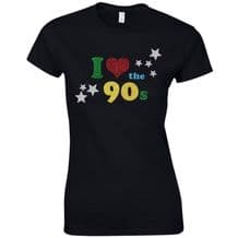 I Love The 90s Ladies Fitted Black T-Shirt  - Women Fancy Dress Glitter Print Party Top