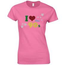 I Love The 90s Ladies Fitted T-Shirt - Women Fancy Dress Glitter Print Party Top