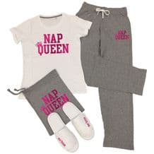 Nap Queen T-Shirt & Trousers Pyjamas Set Lazy Napping PJs + Add Slippers Option