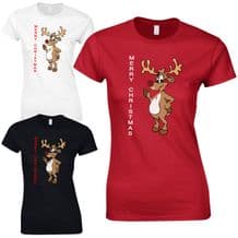 Rudolf Merry Christmas Glitter Nose Ladies Fitted T-Shirt - Retro Rudolph Gift