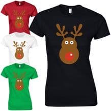 Rudolph Reindeer Face Ladies Fitted T-Shirt - Christmas Retro Rudolf Gift Top