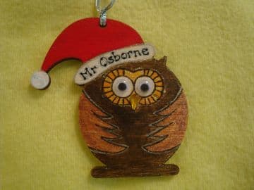 "Personalised Wooden Owl in Santa Hat Shaped Christmas Tree Hanger Decoration  Hand Painted Ideal Teacher Gift