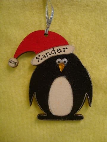 "Personalised Wooden Penguin in Santa Hat Shaped Christmas Tree Hanger Decoration  Hand Painted Stocking Filler