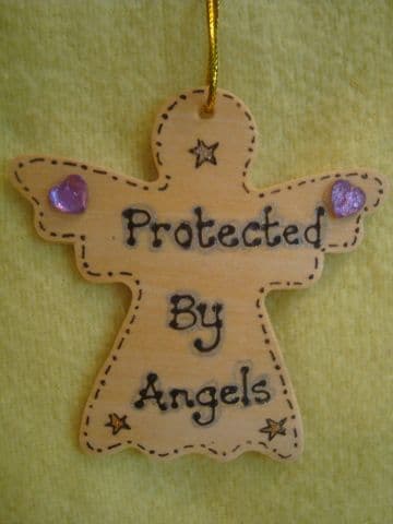**SALE** was £1.99 Protected By Angels Inspirational Angel Wooden Hanger Sign Ready to Despatch Handmade Unique Shabby Chic Item