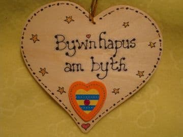 **SALE** was £3.99 Byw'n Hapus Am Byth Live Happily Forever Wooden Heart Sign Handmade Plaque Unique OOAK Welsh Gift