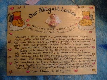 Angel Baby Memorial Wooden Sign Handmade Unique Item Personalised Plaque  little daughter /son Miscarriage Stillborn Pooh Bear