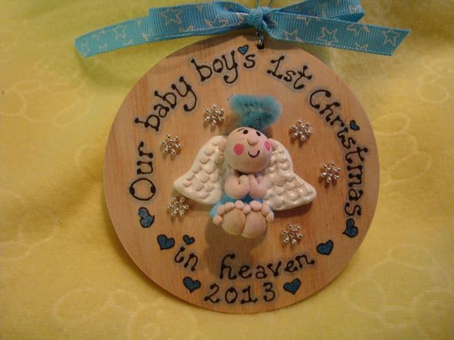 Angel Memorial Tree Wall Hanger Decoration Bauble Baby's 1st Christmas Birthday in Heaven Wooden Sign Any Phrase Pink Blue Neutral