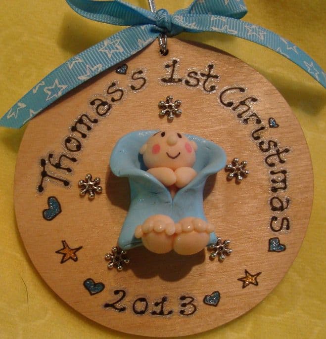 Baby's 1st First Christmas 3d Personalised Wooden Bauble Tree Hanger Pink / Blue Sign 2021