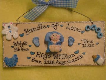 Bundle of Love New Baby Birth Celebration Shower Sign Time Weight Date Names Pink or Blue Personalised Sign Plaque 3d
