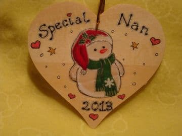 Christmas Tree Snowman Wooden Heart Tree Hanger or Wall Decoration  Handmade personalised any name or phrasing
