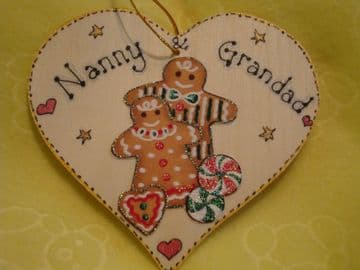 Gingerbread Man Lady Couple Wooden Christmas Heart Hanger Decoration "Nanny & Grandad" Ready to Despatch