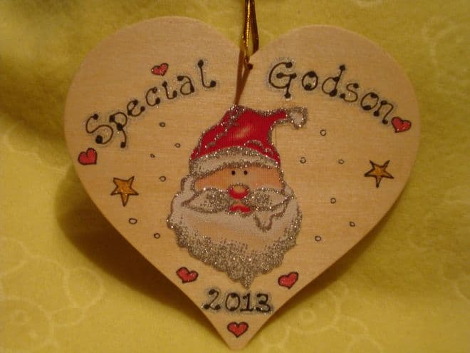 Decoration Tree Hanger Santa Father Christmas Special Godson Goddaugher Any year Large Wooden Heart Personalised to Order