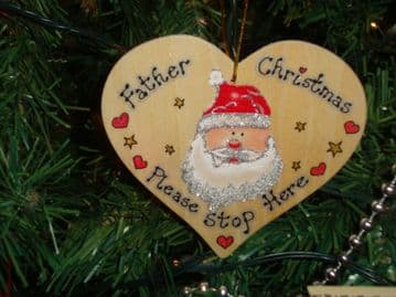 Father Christmas Please Stop Here Wooden Christmas Tree / Window Heart Hanger Decoration Unique OOAK