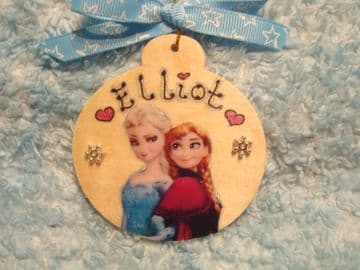 Frozen Anna & Elsa Personalised Wooden Christmas Tree Hanger Bauble Decoration Snowflake embellished