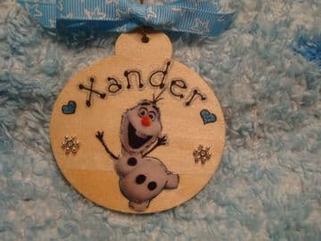 Frozen Olaf Snowman Personalised Wooden Christmas Tree Hanger Bauble Decoration Snowflake embellished