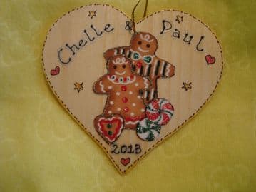 Gingerbread Man Lady Couple Wooden Christmas Heart Hanger Decoration Personalised Any Names