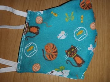 Handmade Breathable Eco Friendly Cotton Face Mask blue cat print Adjustable Ribbon Ties Or Elastic