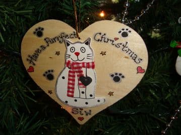 Have a purrfect Christmas Wooden Cat Heart Hanger Decoration Personalised Any Name