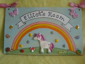 Large Personalised Unicorn Rainbow Sign Plaque Bedroom Playhouse Butterflies Wooden
