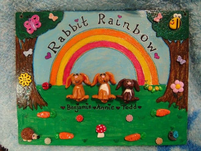 Large Rabbit Family Personalised Wooden Sign with Up to Any 4 Main Characters Garden Rainbow Theme 9.5 x 7.5