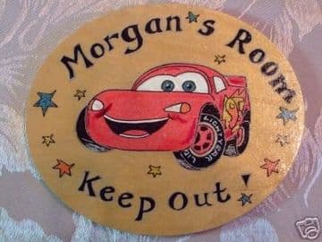 Lightning Mcqueen Racing Car style BEDROOM PLAYHOUSE PLAYROOM SIGN WOODEN PERSONALISED OVAL ORDER Plaque
