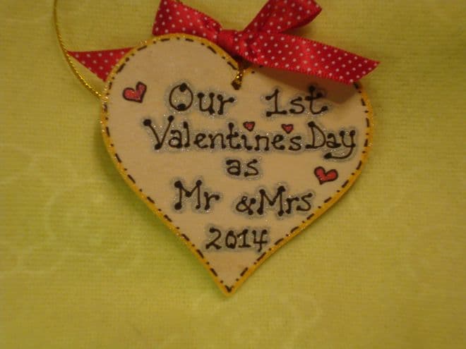 Our 1st  Valentine's Day as Mr & Mrs  2014 Small Wooden Heart Sign Keepsake Gift Ready To Despatch