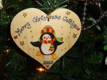 Penguin in Hat & Scarf Wooden Christmas Heart Hanger Decoration Personalised Handcrafted Unique