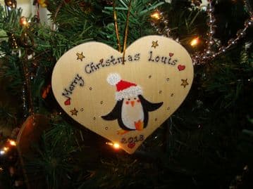 Penguin in Santa Hat Wooden Christmas Heart Hanger Decoration Personalised Handcrafted Unique