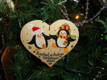 Penguin Man Lady Couple Wooden Christmas Heart Hanger Decoration Personalised Any Names Unique OOAK