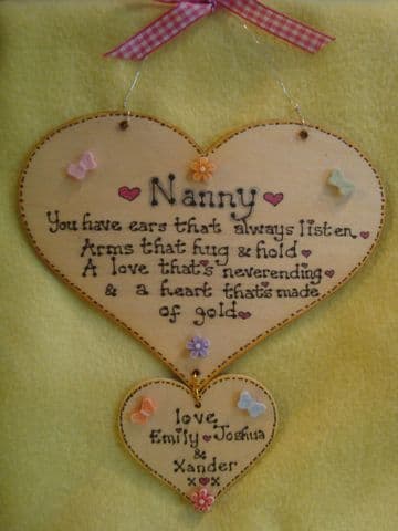 Personalised 2 heart Nanny, ears that always listen, arms that hug & hold wooden heart plaque sign Handmade Mother's Day