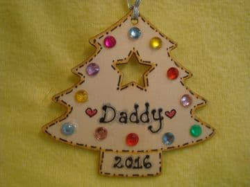 Personalised Wooden Christmas Tree Shaped Hanger with gem Decorations Any Name