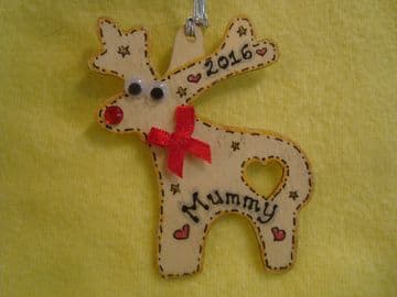 Personalised Wooden Reindeer with Bow Tree Hanger Decoration Shabby Chic Any Name & Year added