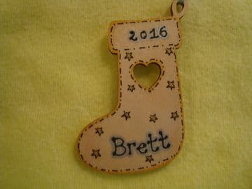 Personalised Wooden Stocking Shaped Christmas Tree Hanger with star Decoration detailing