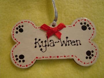 puppy dog Personalised Wooden Bone Shaped Christmas Tree Hanger Decoration Hand Painted